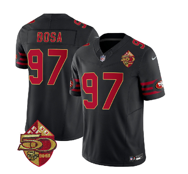 Men's San Francisco 49ers #97 Nick Bosa Black 2023 F.U.S.E. 50th Patch Throwback Football Stitched Jersey